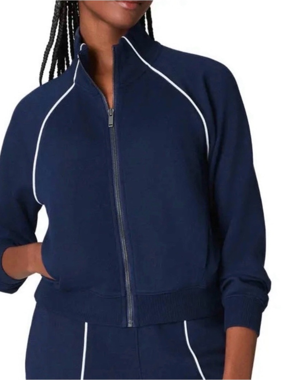 Spanx AirEssentials Pique Full Zip Track Jacket Navy White Piping size medium